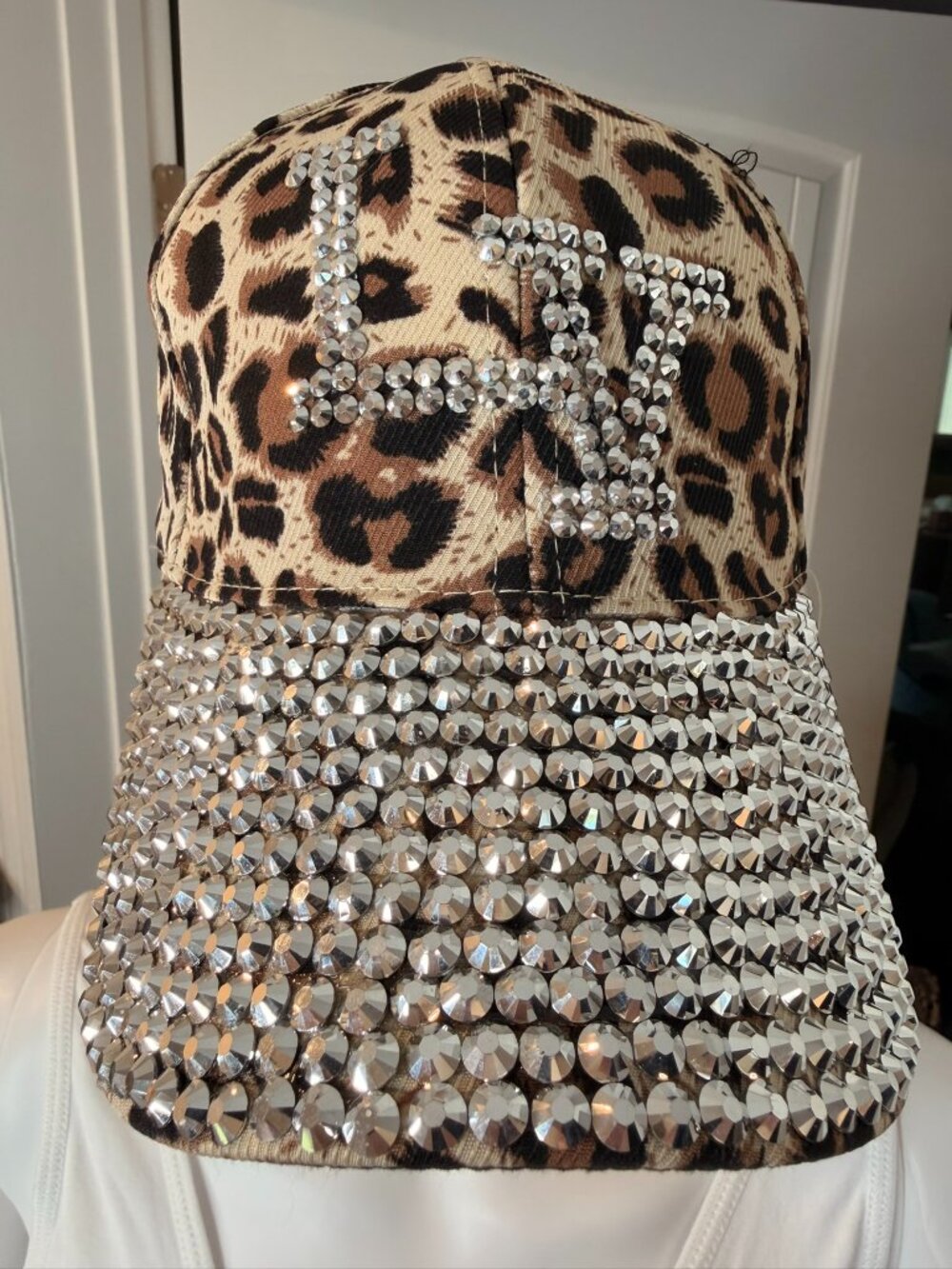 Leopard Print Rhinestone Embellished Baseball Cap | Adjustable Bling Hat